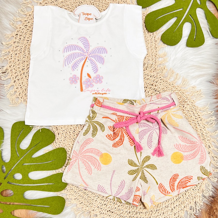  Conj. Blusão Manga Curta Coqueiro e Short em Linho - Off White e Areia